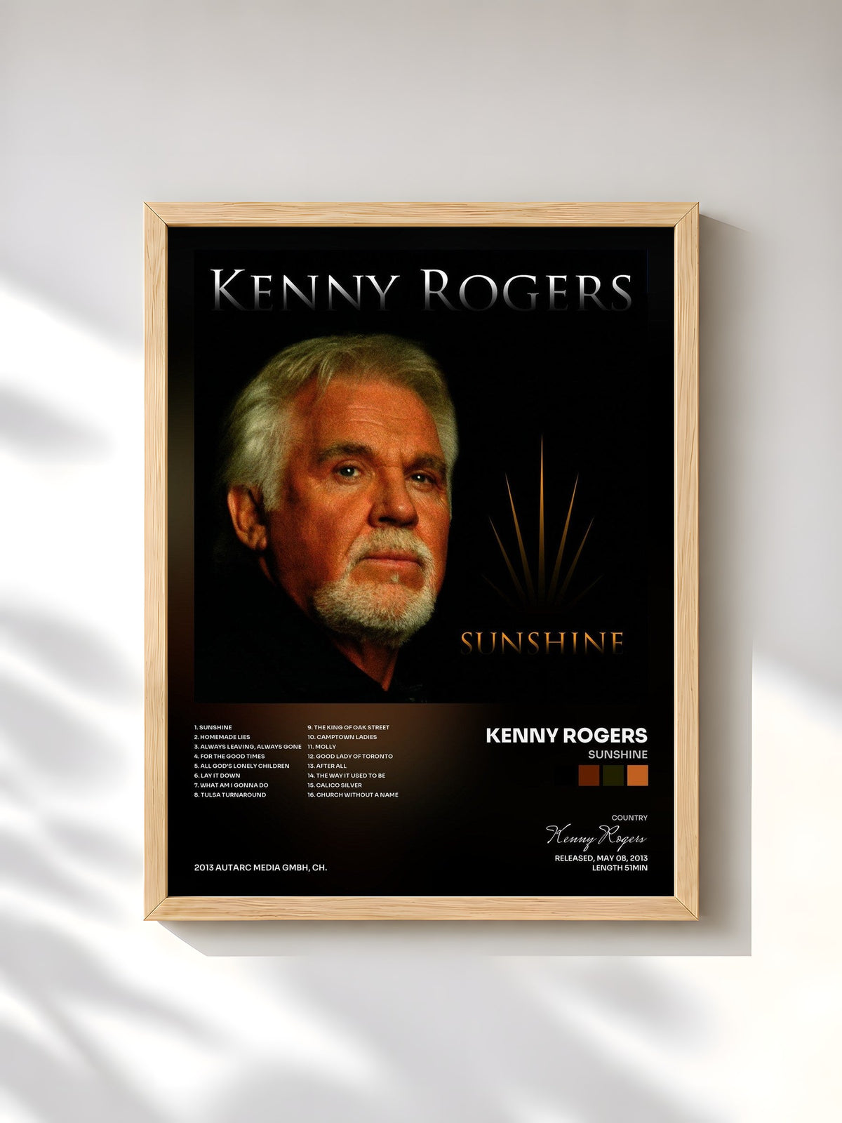 #bois Tableau de l'album Sunshine de Kenny Rogers, cadre en bois brut, imprimé et encadré en France