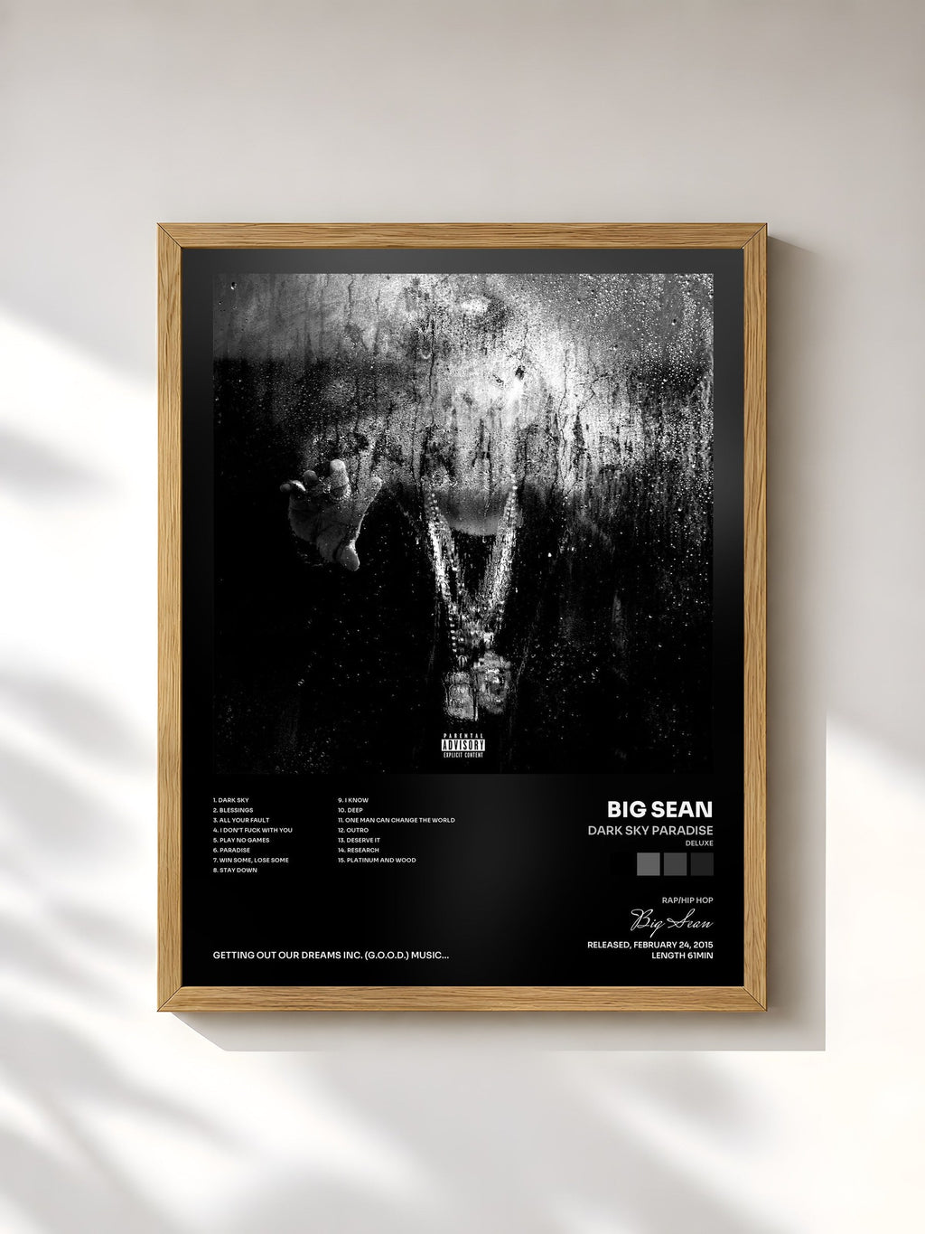 #bois Tableau de l'album Dark Sky Paradise (Deluxe) de Big Sean, cadre en bois brut, imprimé et encadré en France