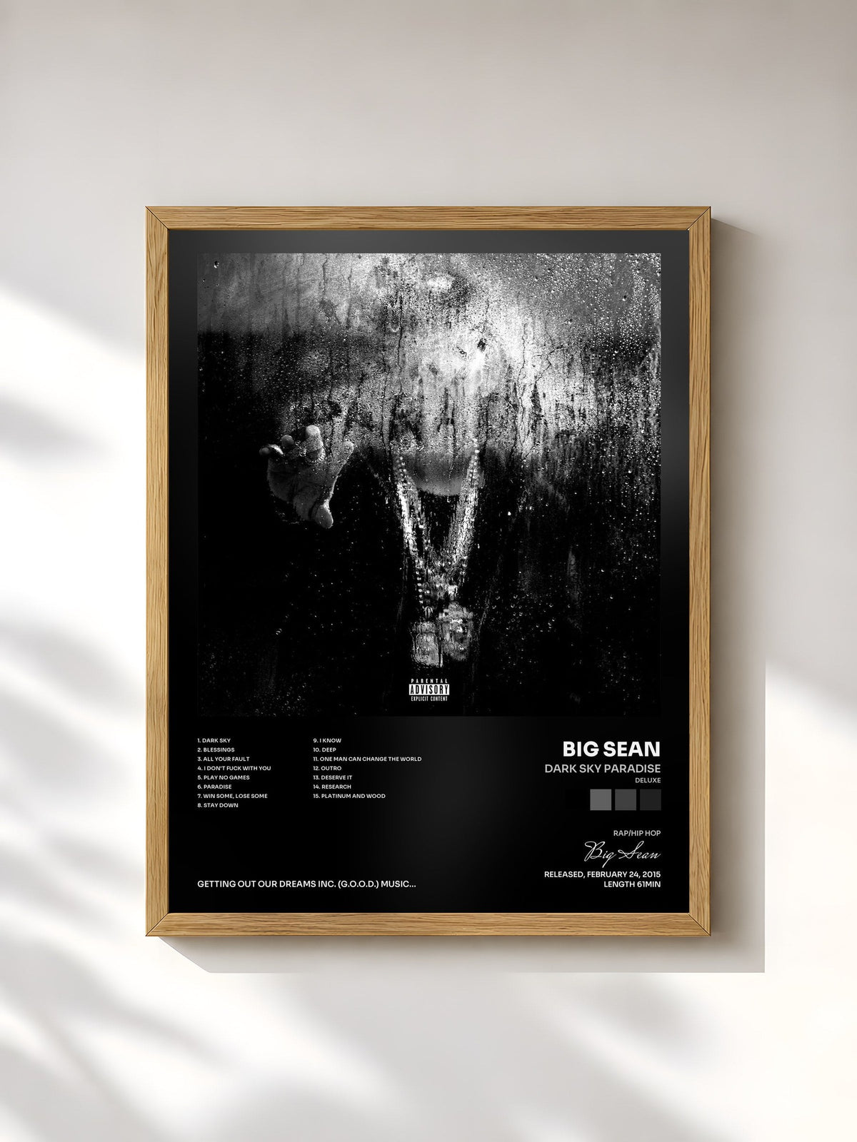 #bois Tableau de l'album Dark Sky Paradise (Deluxe) de Big Sean, cadre en bois brut, imprimé et encadré en France