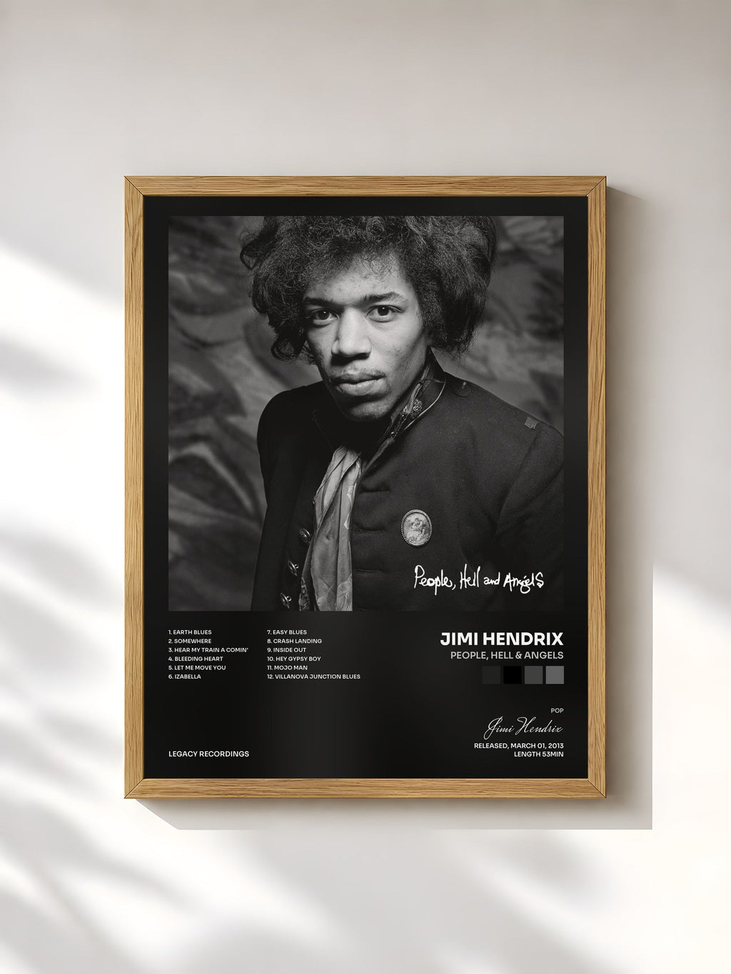 #bois Tableau de l'album People, Hell & Angels de Jimi Hendrix, cadre en bois brut, imprimé et encadré en France