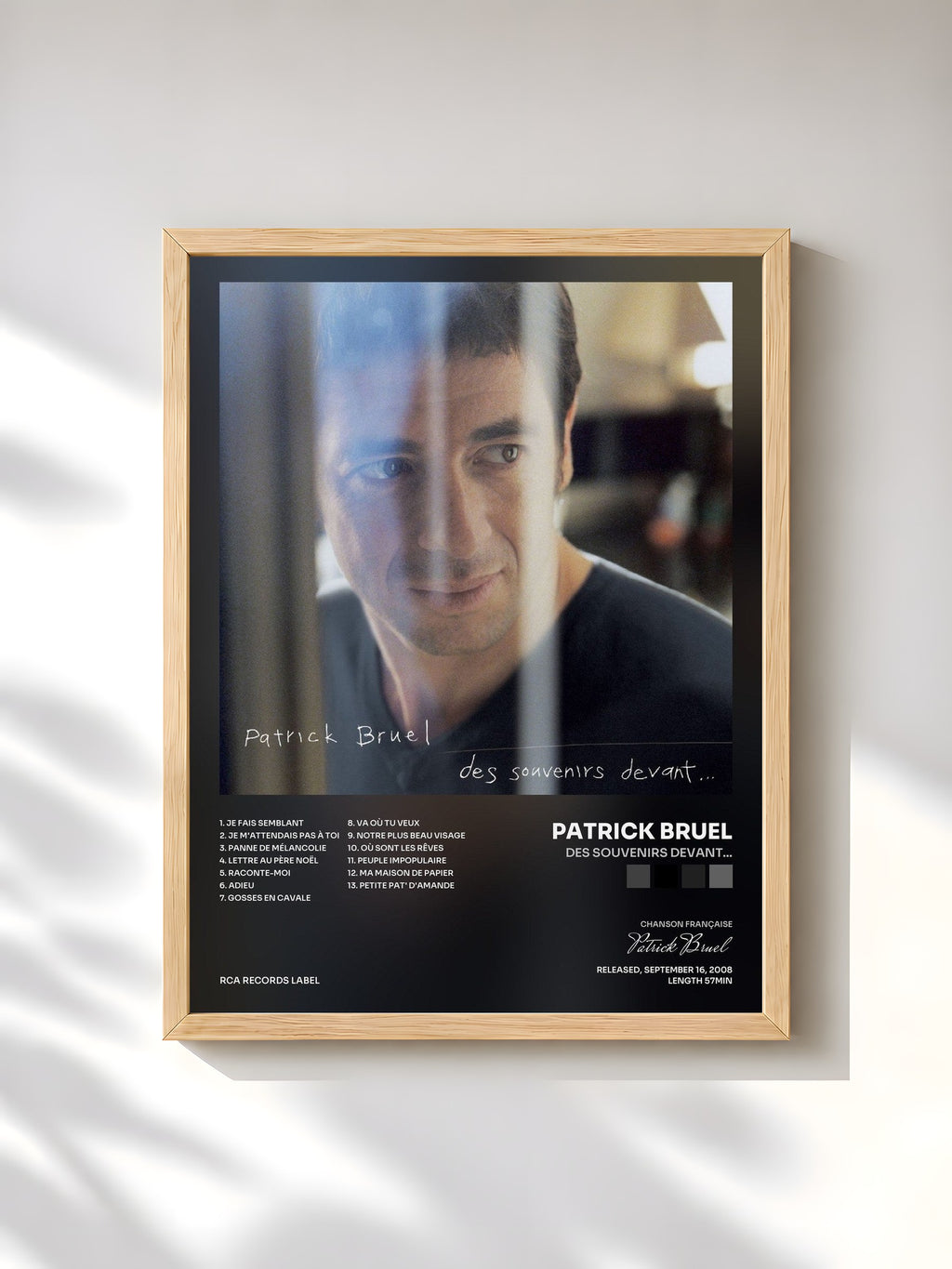 #bois Tableau de l'album Des souvenirs devant... de Patrick Bruel, cadre en bois brut, imprimé et encadré en France