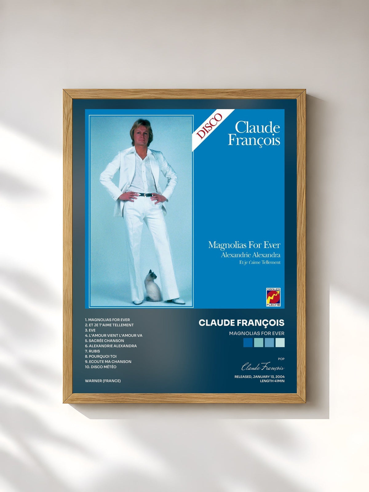 #bois Tableau de l'album Magnolias for Ever de Claude François, cadre en bois brut, imprimé et encadré en France