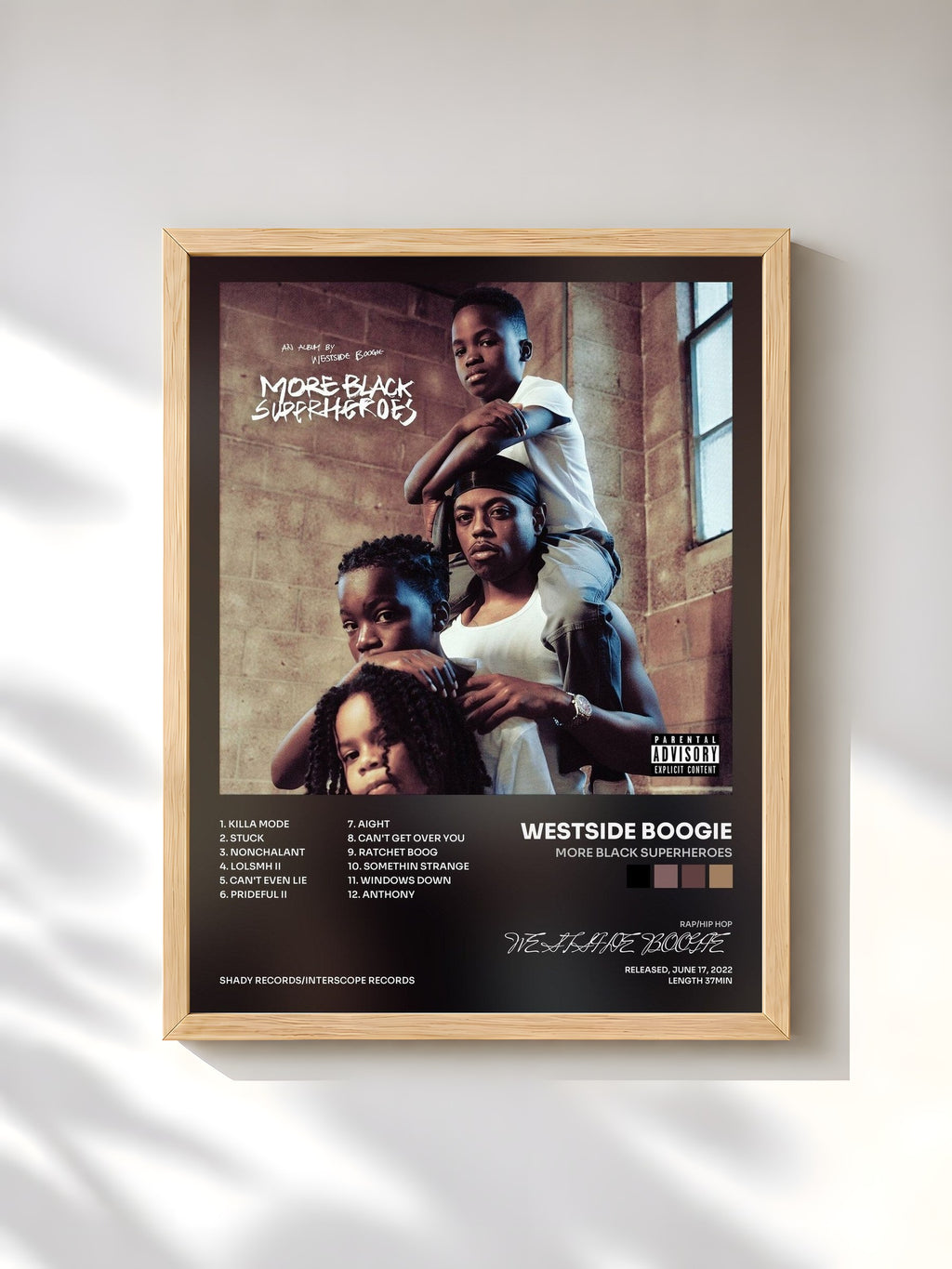 #bois Tableau de l'album MORE BLACK SUPERHEROES de WESTSIDE BOOGIE, cadre en bois brut, imprimé et encadré en France