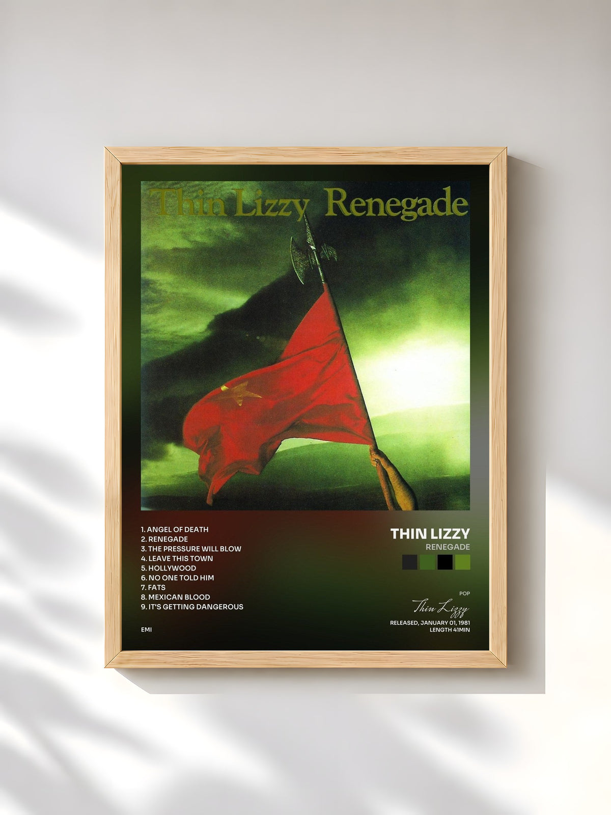 #bois Tableau de l'album Renegade de Thin Lizzy, cadre en bois brut, imprimé et encadré en France