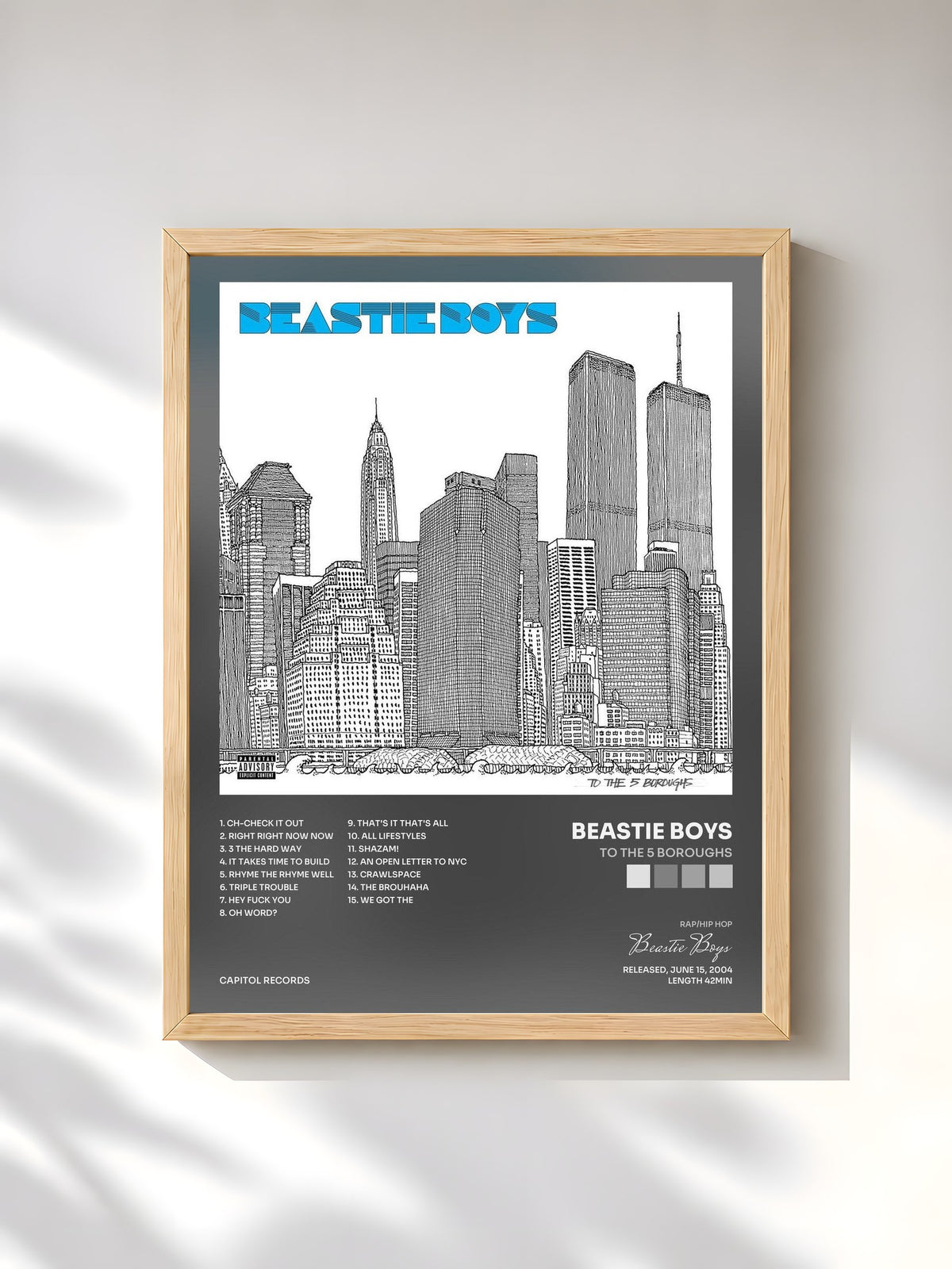 #bois Tableau de l'album To The 5 Boroughs de Beastie Boys, cadre en bois brut, imprimé et encadré en France
