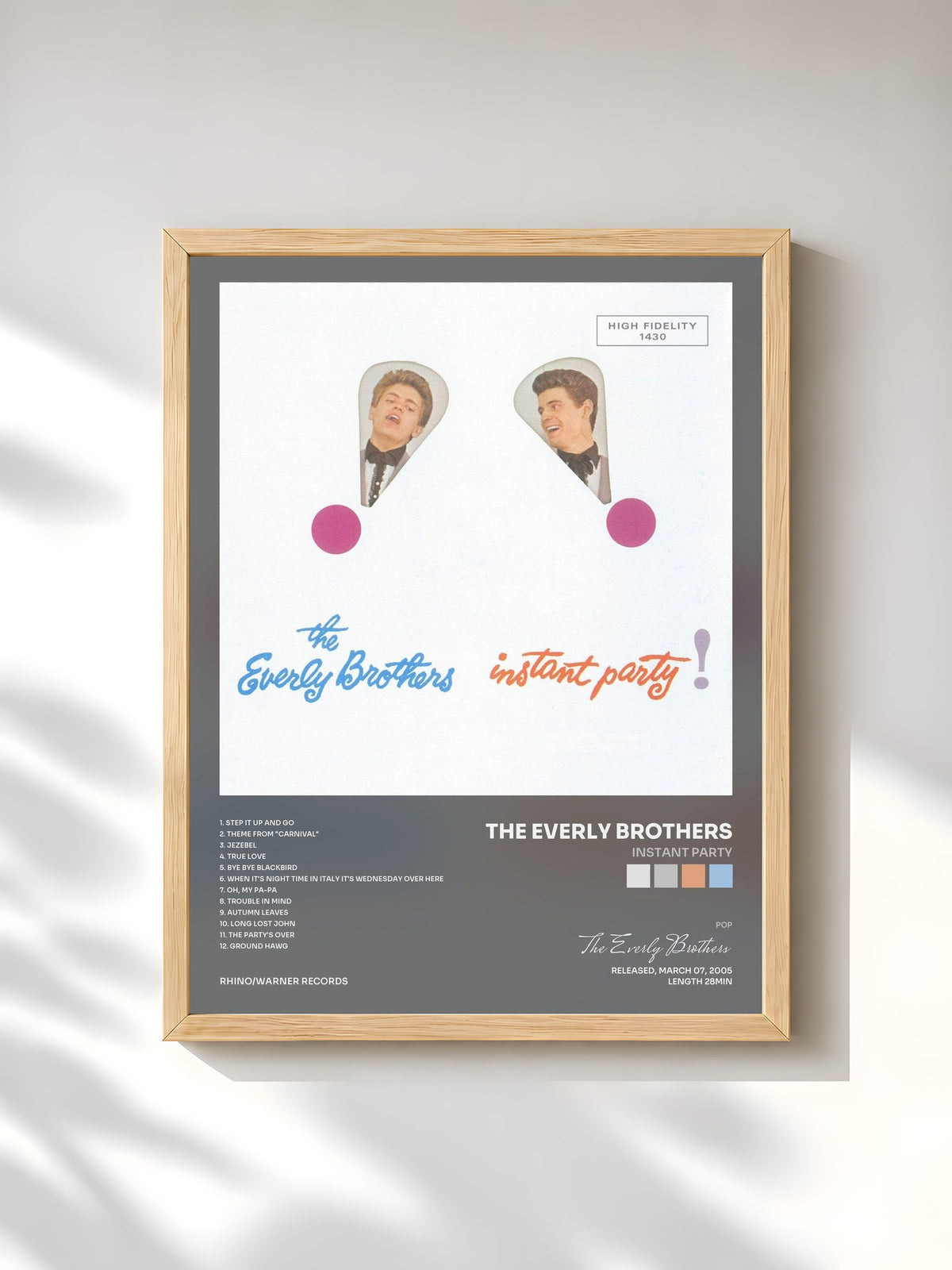 #bois Tableau de l'album Instant Party de The Everly Brothers, cadre en bois brut, imprimé et encadré en France
