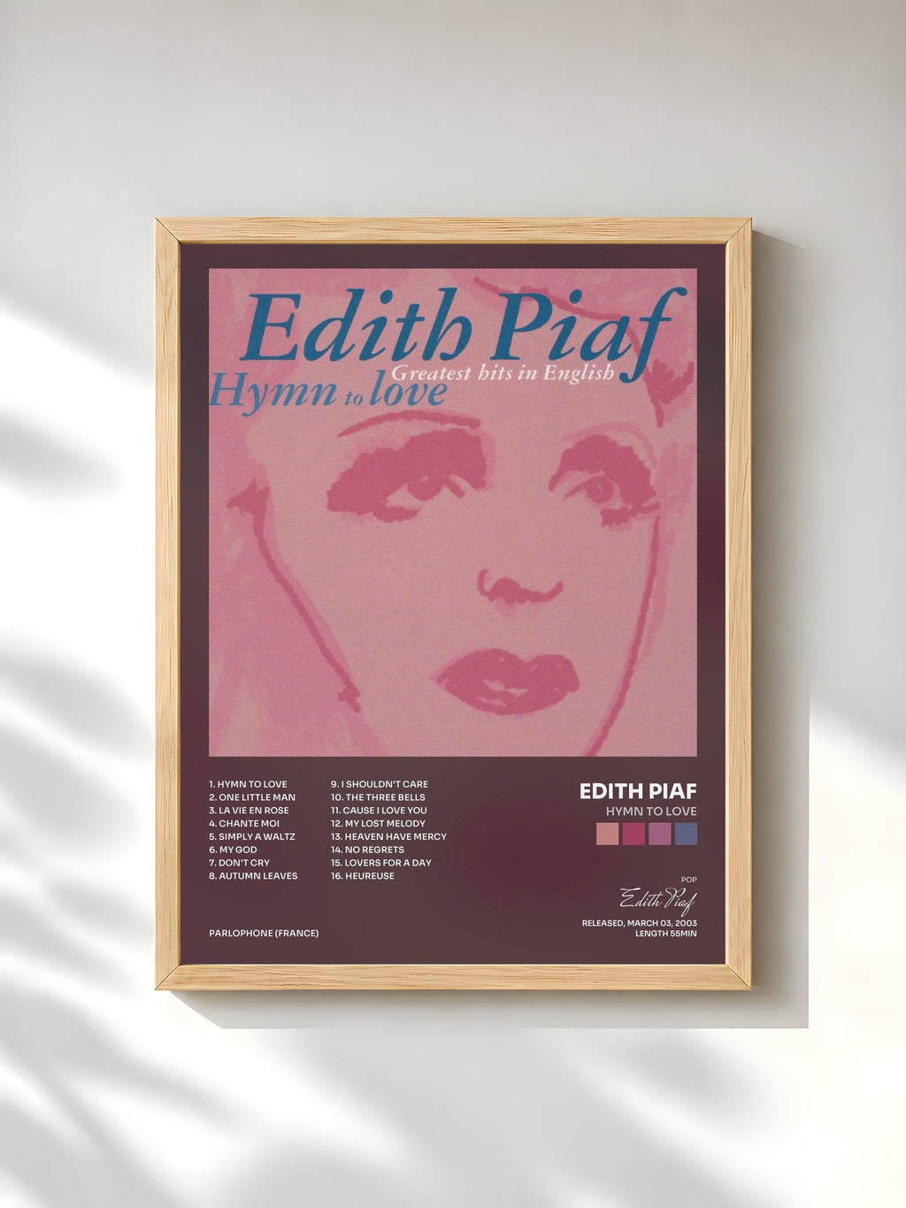 #bois Tableau de l'album hymn to love de Edith Piaf, cadre en bois brut, imprimé et encadré en France