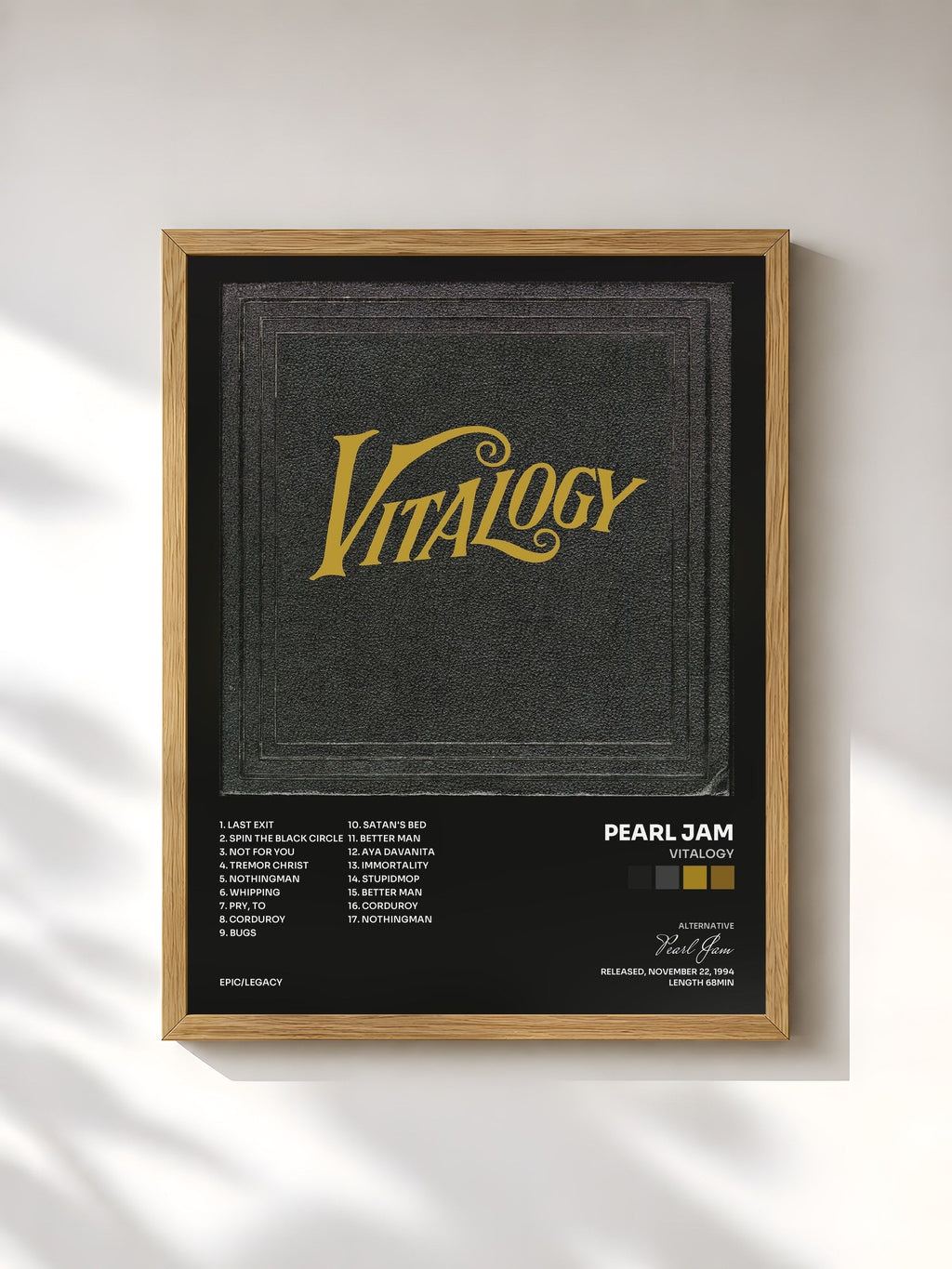 #bois Tableau de l'album Vitalogy de Pearl Jam, cadre en bois brut, imprimé et encadré en France