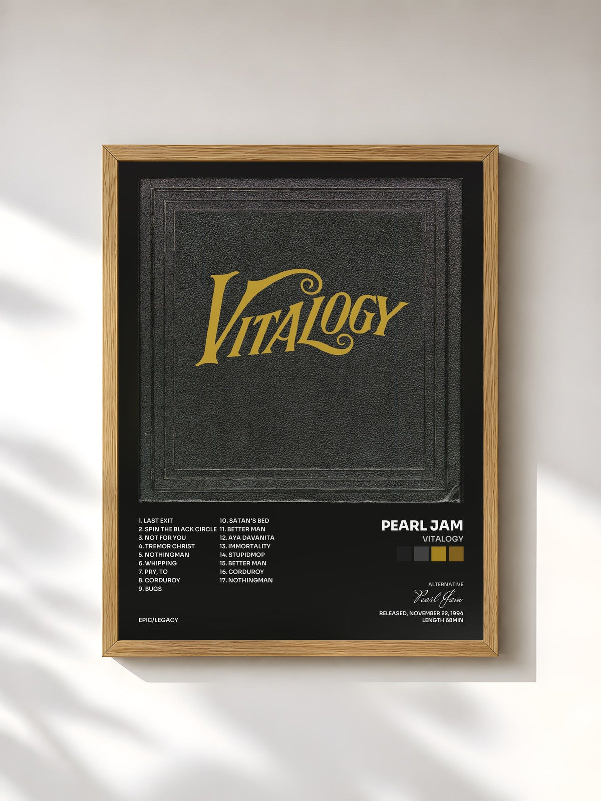 #bois Tableau de l'album Vitalogy de Pearl Jam, cadre en bois brut, imprimé et encadré en France