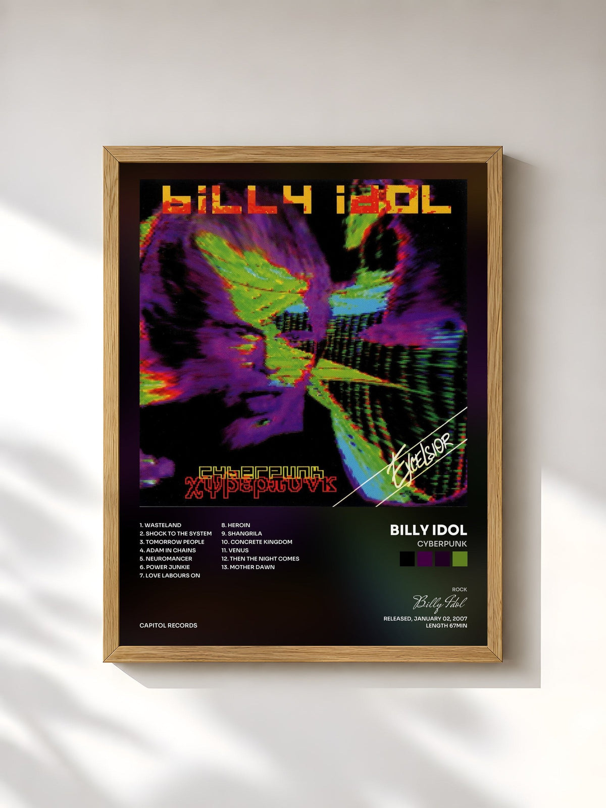 #bois Tableau de l'album Cyberpunk de Billy Idol, cadre en bois brut, imprimé et encadré en France