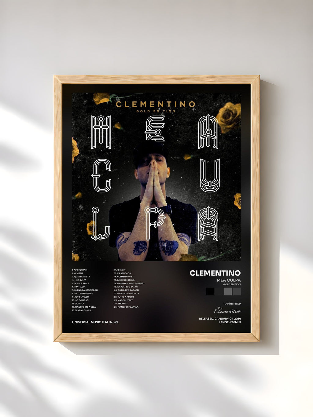 #bois Tableau de l'album Mea Culpa (Gold Edition) de Clementino, cadre en bois brut, imprimé et encadré en France