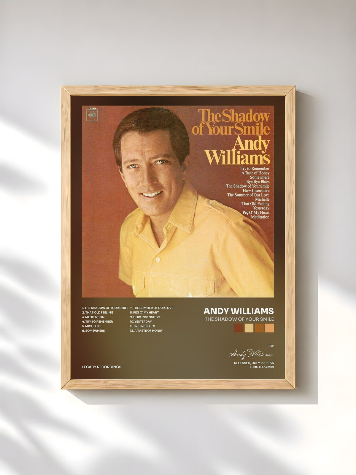 #bois Tableau de l'album The Shadow of Your Smile de Andy Williams, cadre en bois brut, imprimé et encadré en France