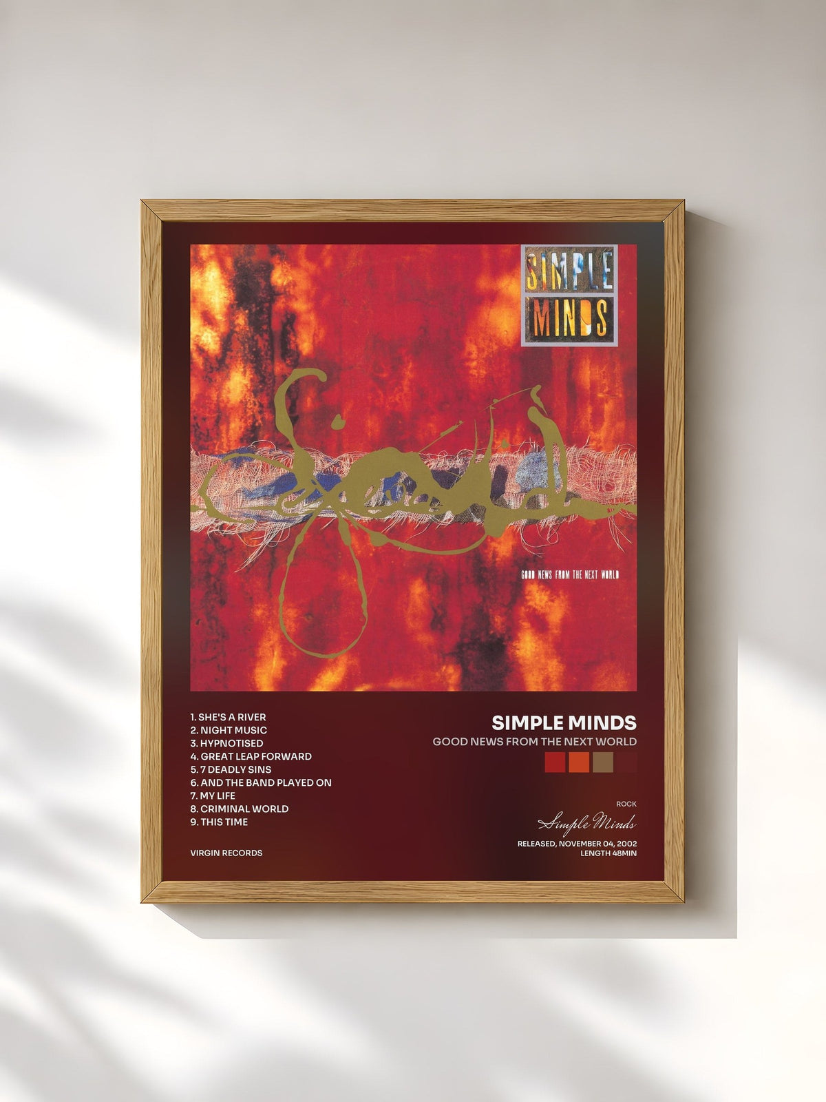 #bois Tableau de l'album Good News From The Next World de Simple Minds, cadre en bois brut, imprimé et encadré en France