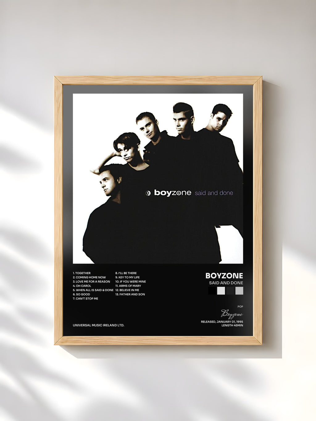 #bois Tableau de l'album Said And Done de Boyzone, cadre en bois brut, imprimé et encadré en France