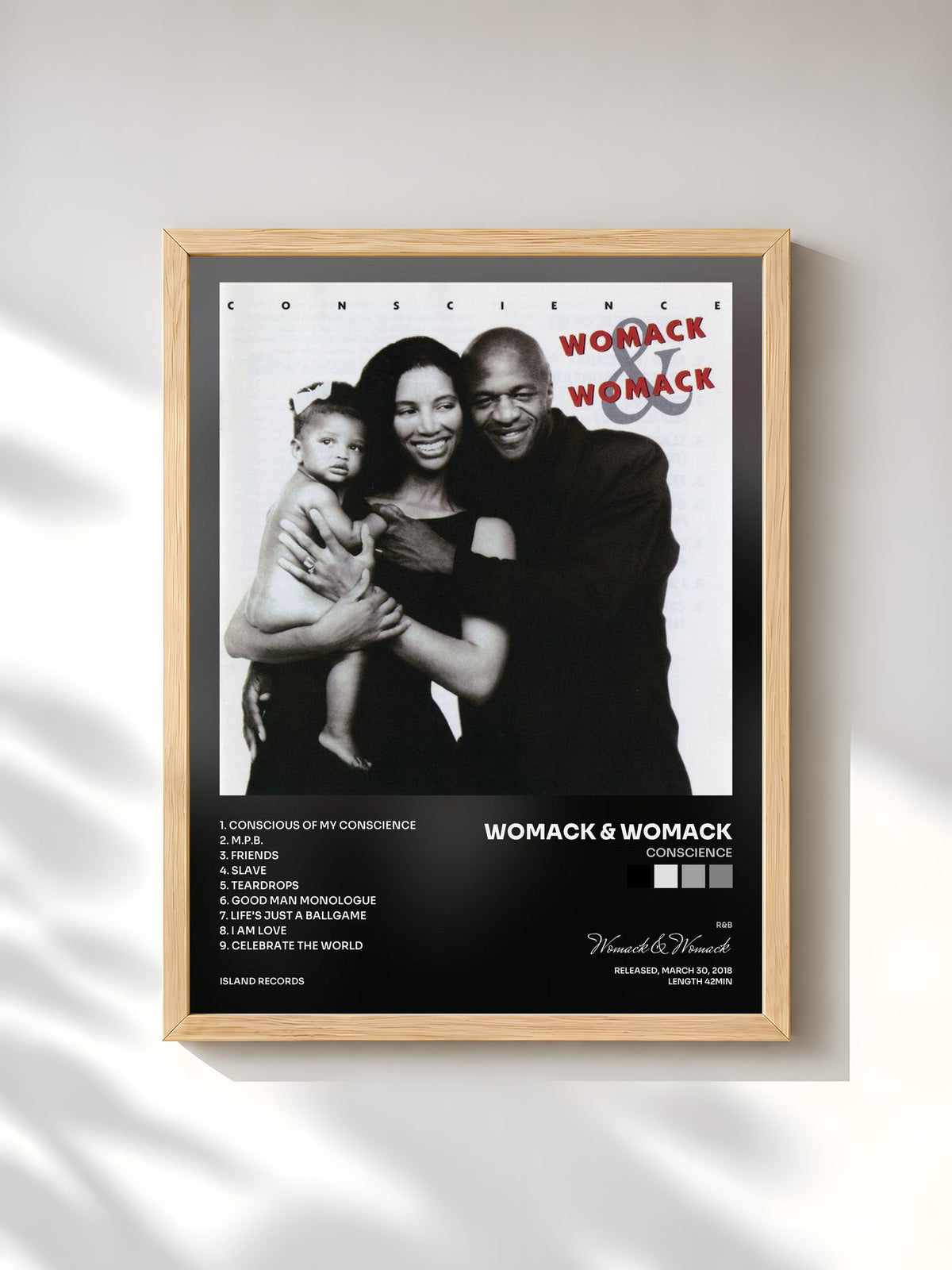 #bois Tableau de l'album Conscience de Womack & Womack, cadre en bois brut, imprimé et encadré en France