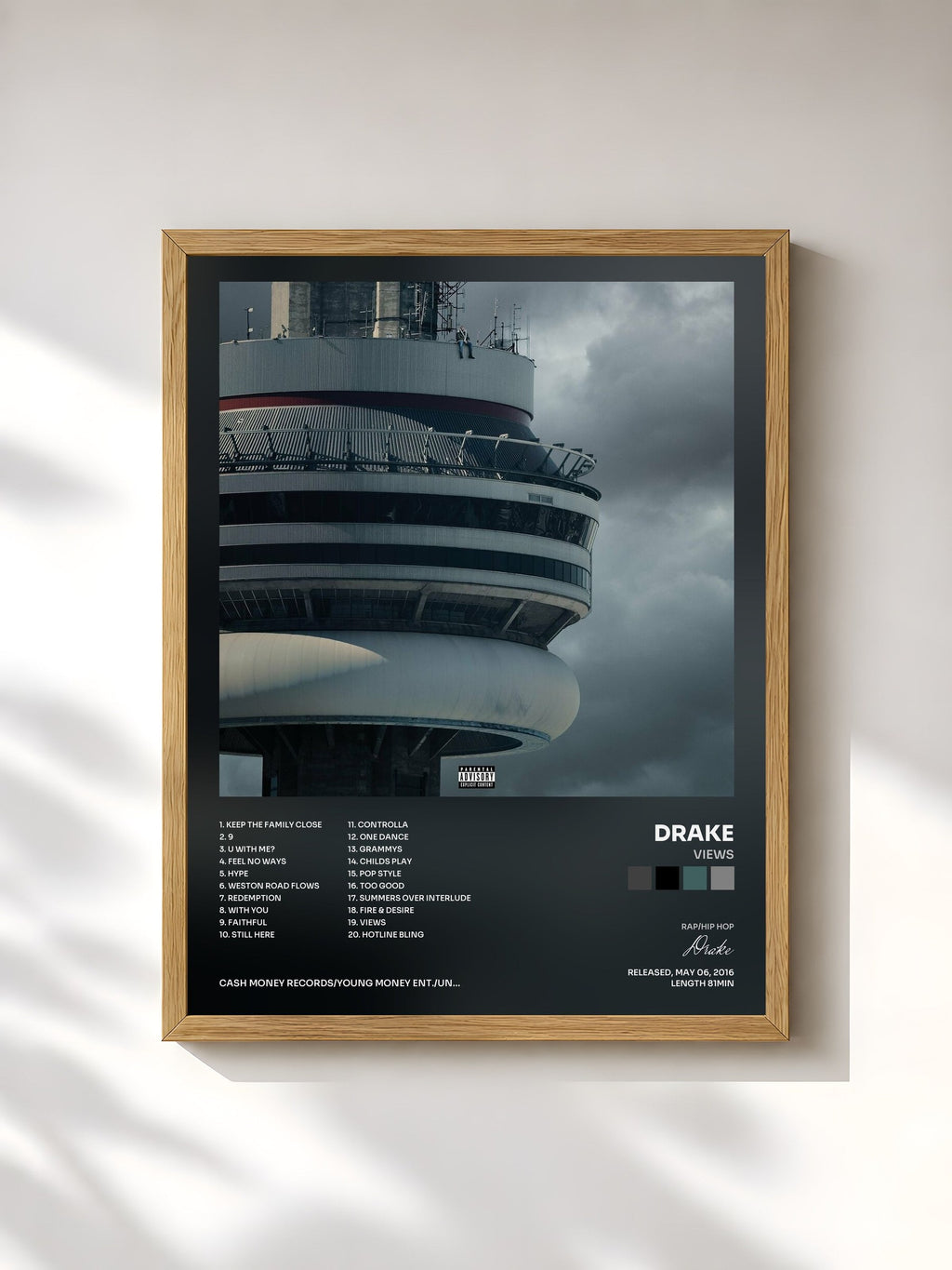 #bois Tableau de l'album Views de Drake, cadre en bois brut, imprimé et encadré en France