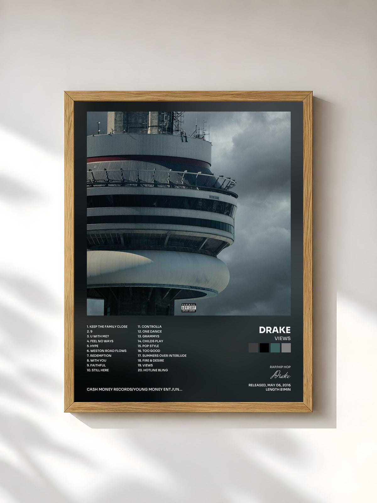 #bois Tableau de l'album Views de Drake, cadre en bois brut, imprimé et encadré en France