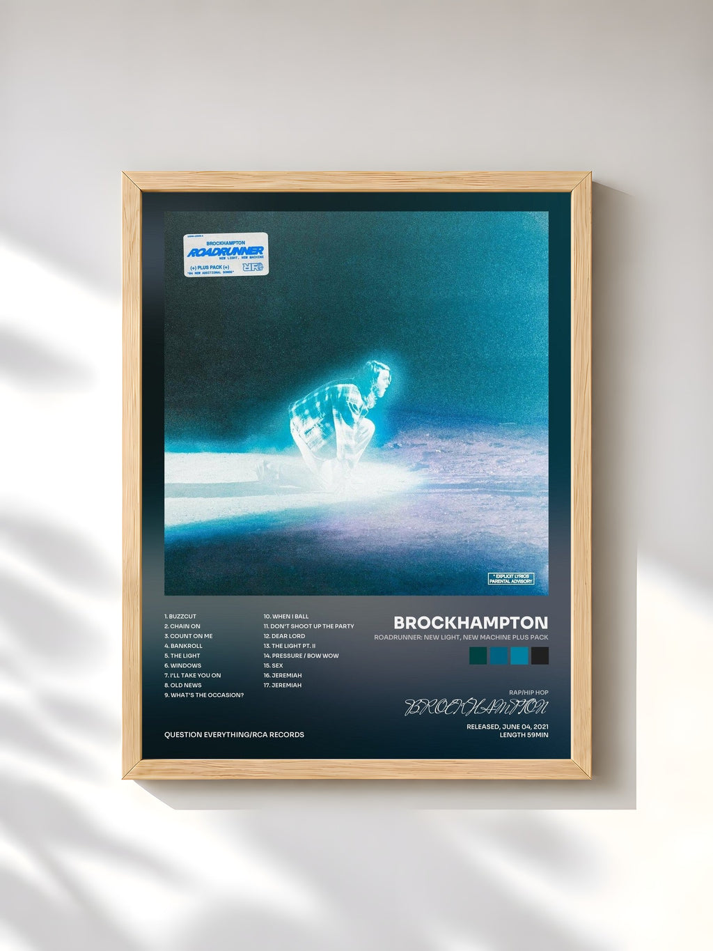 #bois Tableau de l'album ROADRUNNER: NEW LIGHT, NEW MACHINE PLUS PACK de BROCKHAMPTON, cadre en bois brut, imprimé et encadré en France