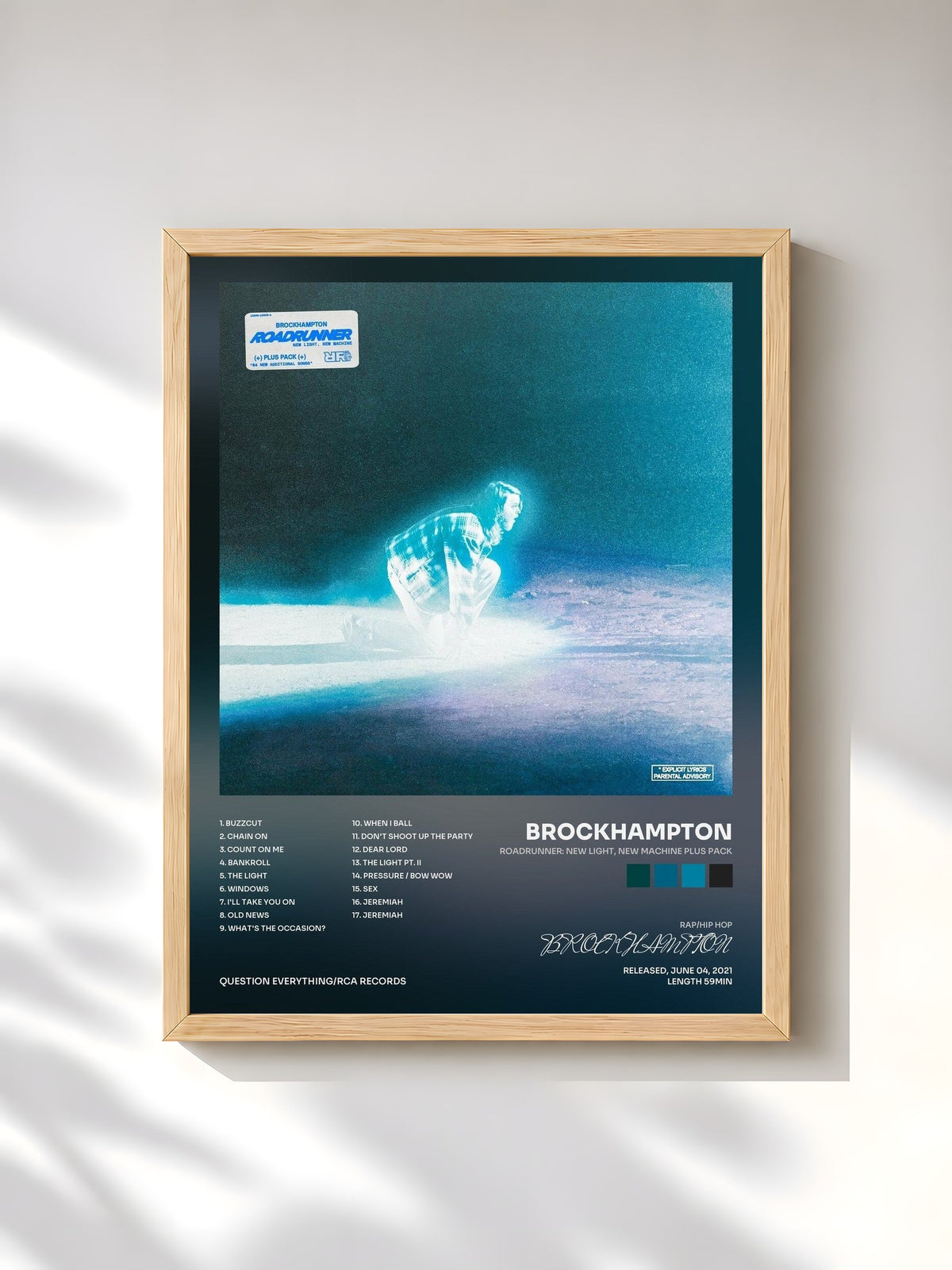 #bois Tableau de l'album ROADRUNNER: NEW LIGHT, NEW MACHINE PLUS PACK de BROCKHAMPTON, cadre en bois brut, imprimé et encadré en France