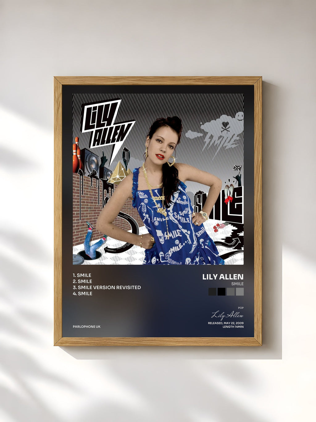 #bois Tableau de l'album Smile de Lily Allen, cadre en bois brut, imprimé et encadré en France