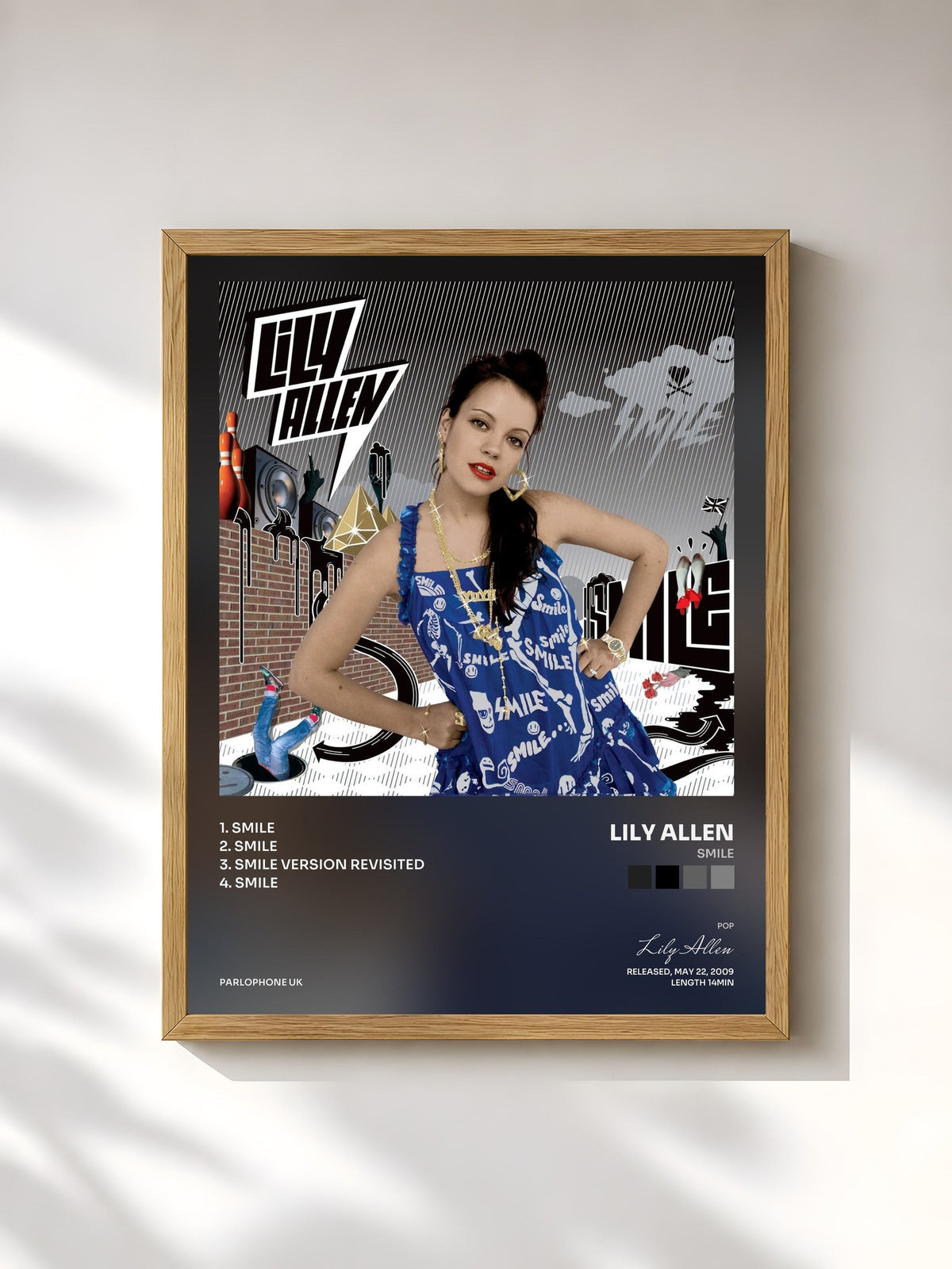 #bois Tableau de l'album Smile de Lily Allen, cadre en bois brut, imprimé et encadré en France