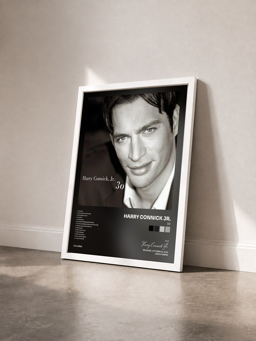 #blanc Tableau de l'album 30 de Harry Connick Jr. vu de trois quarts, cadre blanc