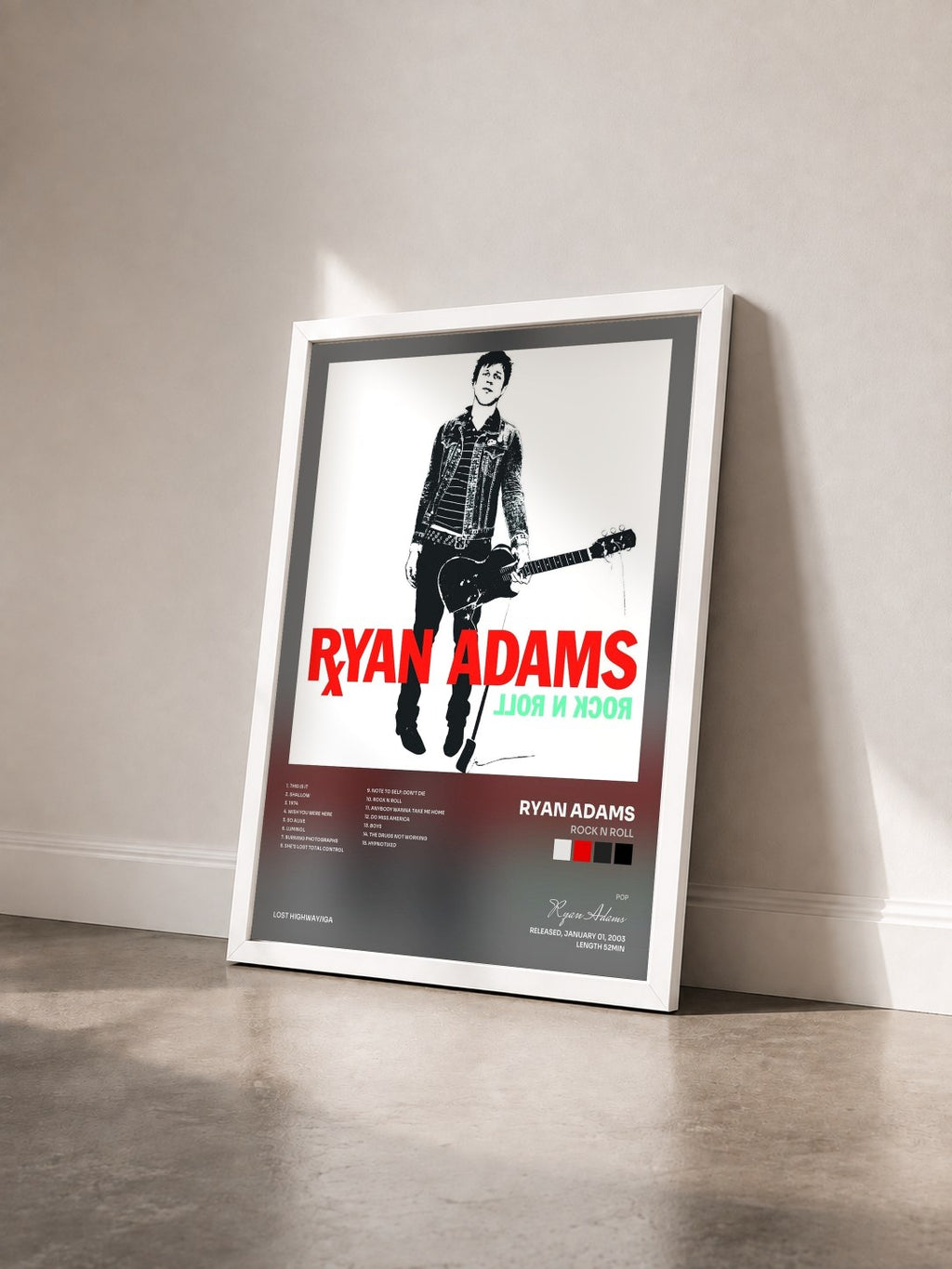 #blanc Tableau de l'album Rock N Roll de Ryan Adams vu de trois quarts, cadre blanc