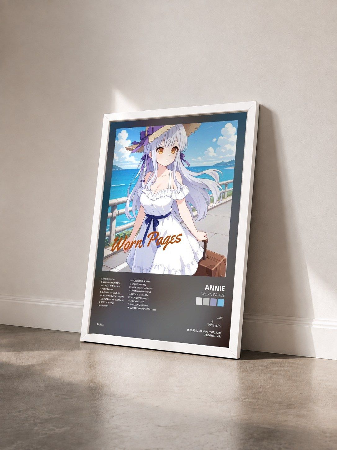 #blanc Tableau de l'album Worn Pages de Annie vu de trois quarts, cadre blanc