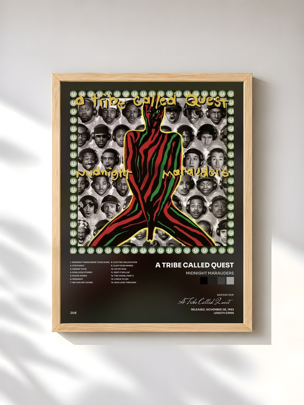 #bois Tableau de l'album Midnight Marauders de A Tribe Called Quest, cadre en bois brut, imprimé et encadré en France