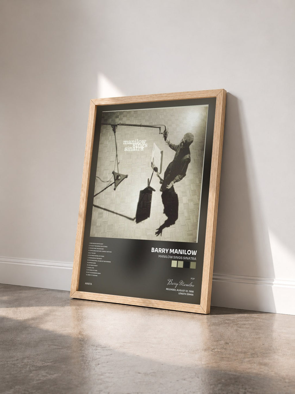 #bois Tableau de l'album Manilow Sings Sinatra de Barry Manilow vu de trois quarts, cadre en bois brut