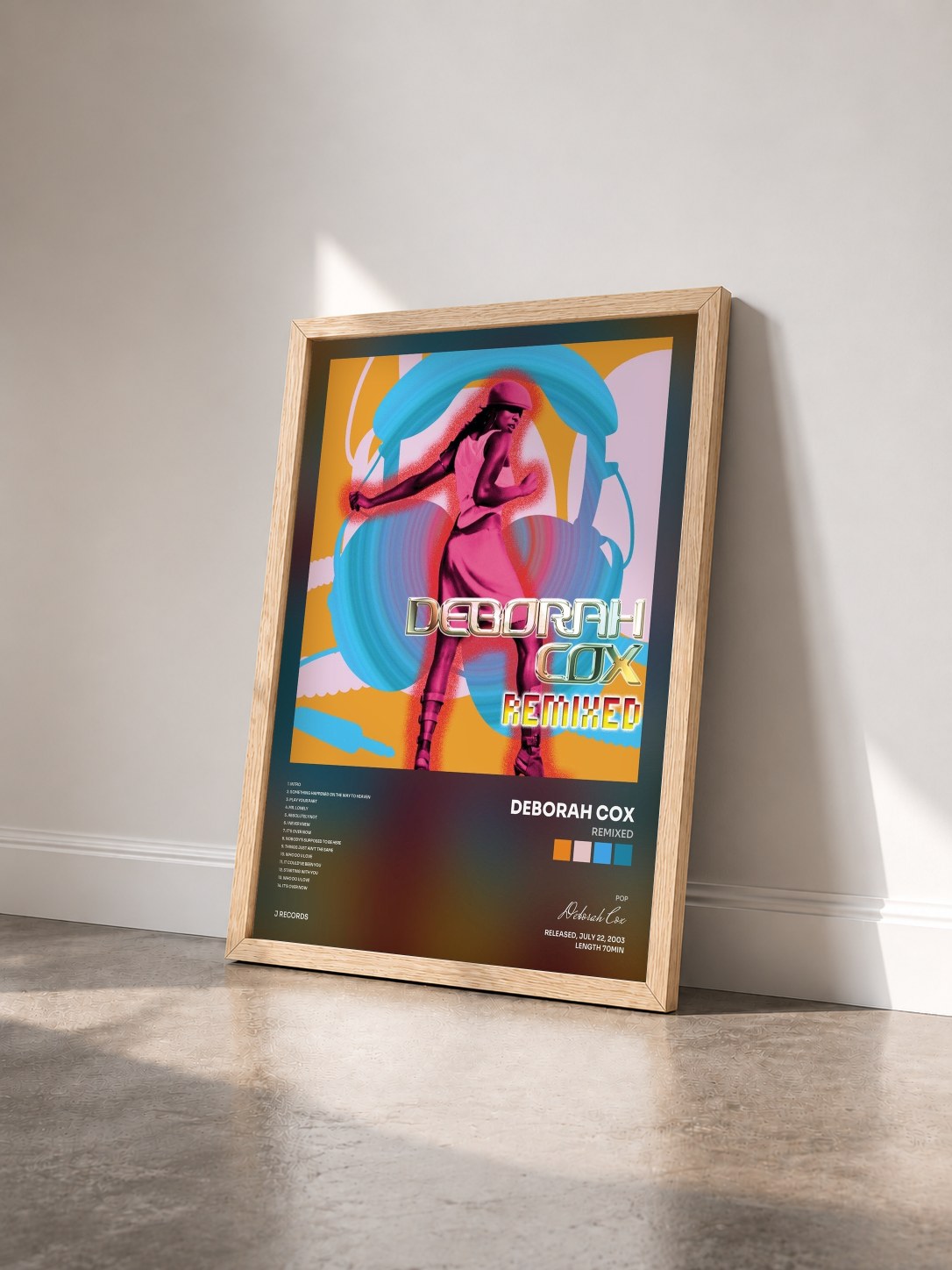 #bois Tableau de l'album Remixed de Deborah Cox vu de trois quarts, cadre en bois brut