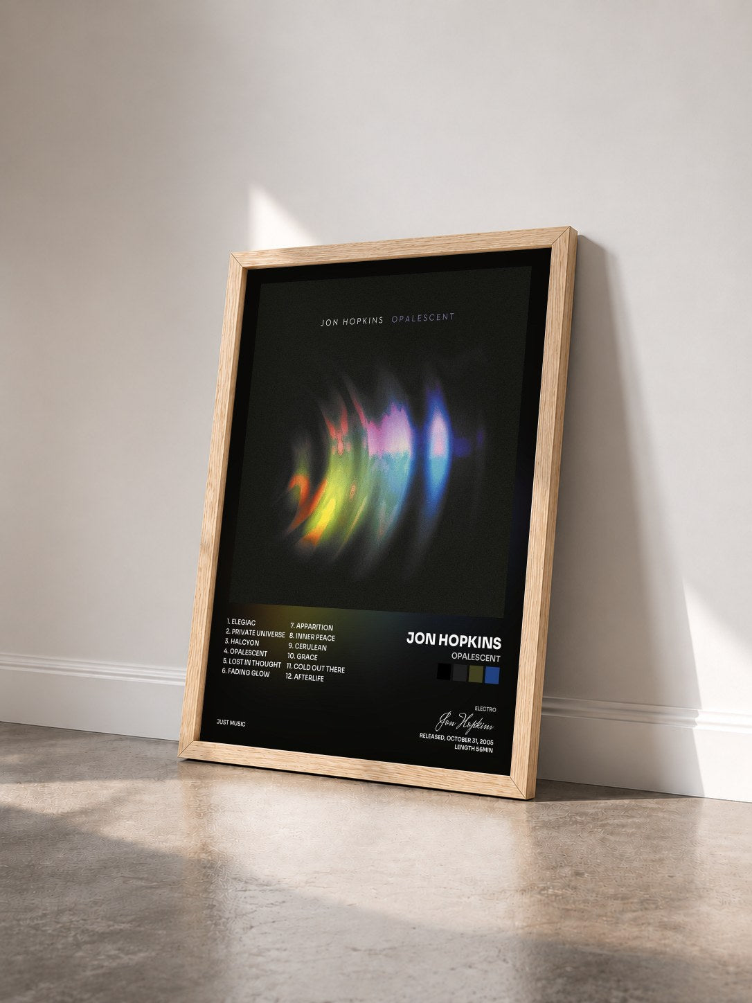 #bois Tableau de l'album Opalescent de Jon Hopkins vu de trois quarts, cadre en bois brut