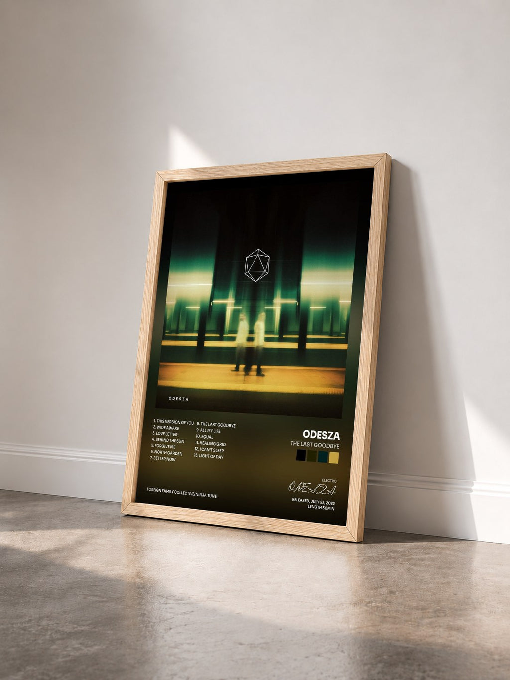 #bois Tableau de l'album The Last Goodbye de ODESZA vu de trois quarts, cadre en bois brut