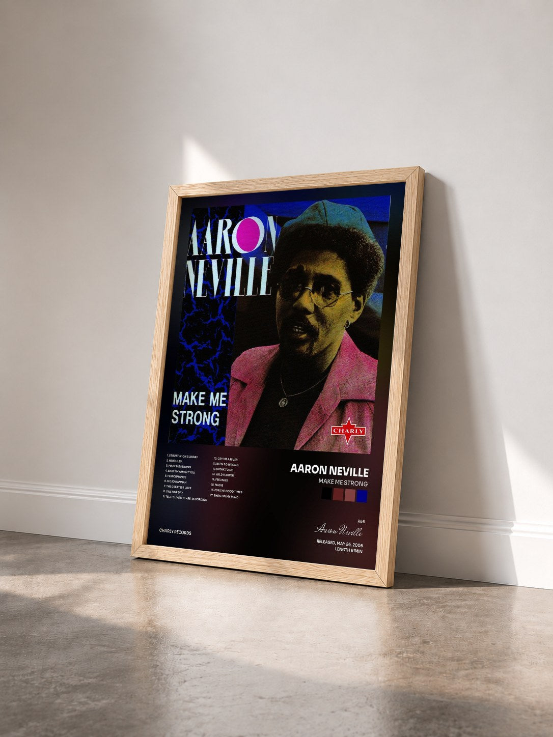 #bois Tableau de l'album Make Me Strong de Aaron Neville vu de trois quarts, cadre en bois brut
