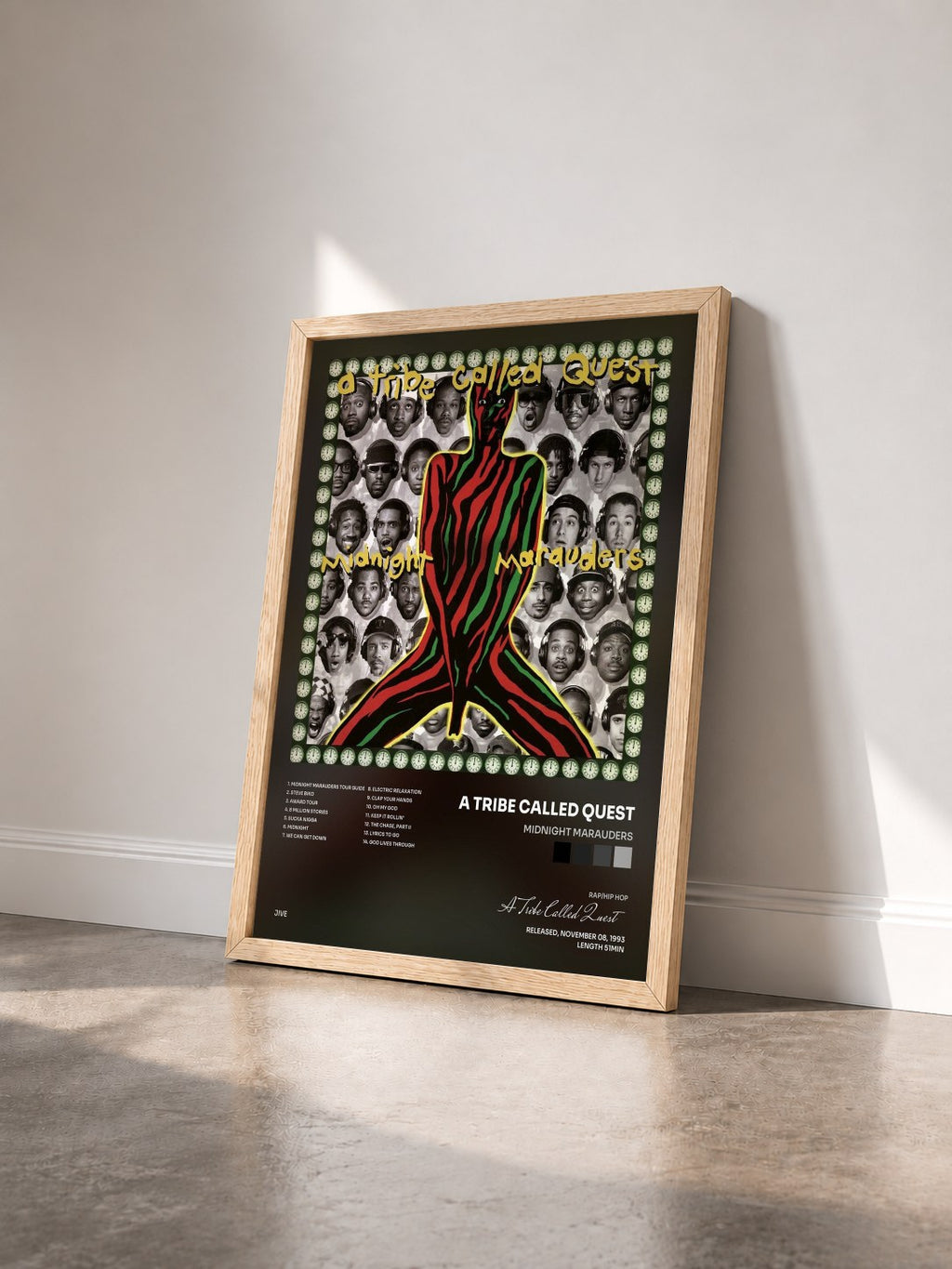 #bois Tableau de l'album Midnight Marauders de A Tribe Called Quest vu de trois quarts, cadre en bois brut