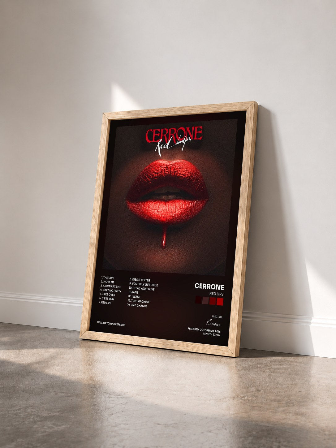 #bois Tableau de l'album Red Lips de Cerrone vu de trois quarts, cadre en bois brut