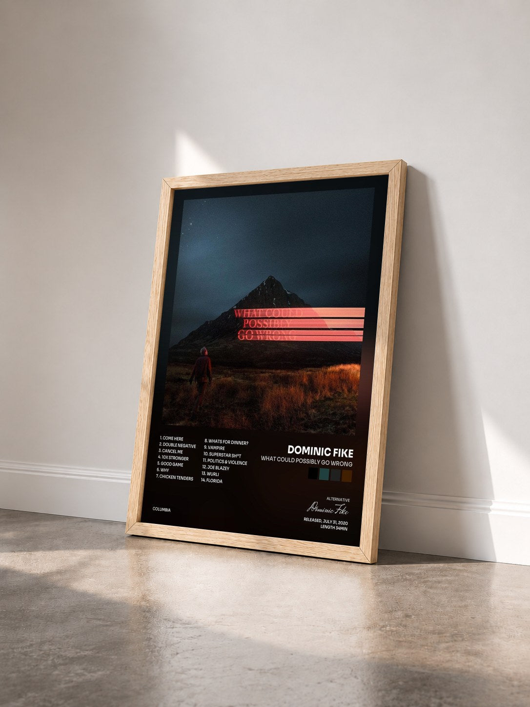 #bois Tableau de l'album What Could Possibly Go Wrong de Dominic Fike vu de trois quarts, cadre en bois brut