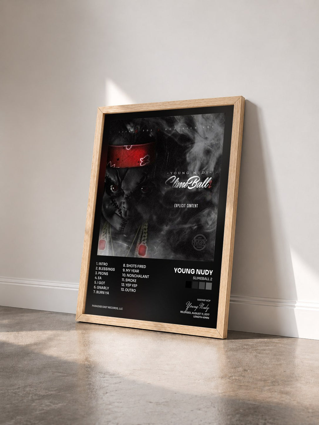 #bois Tableau de l'album SlimeBall 2 de Young Nudy vu de trois quarts, cadre en bois brut