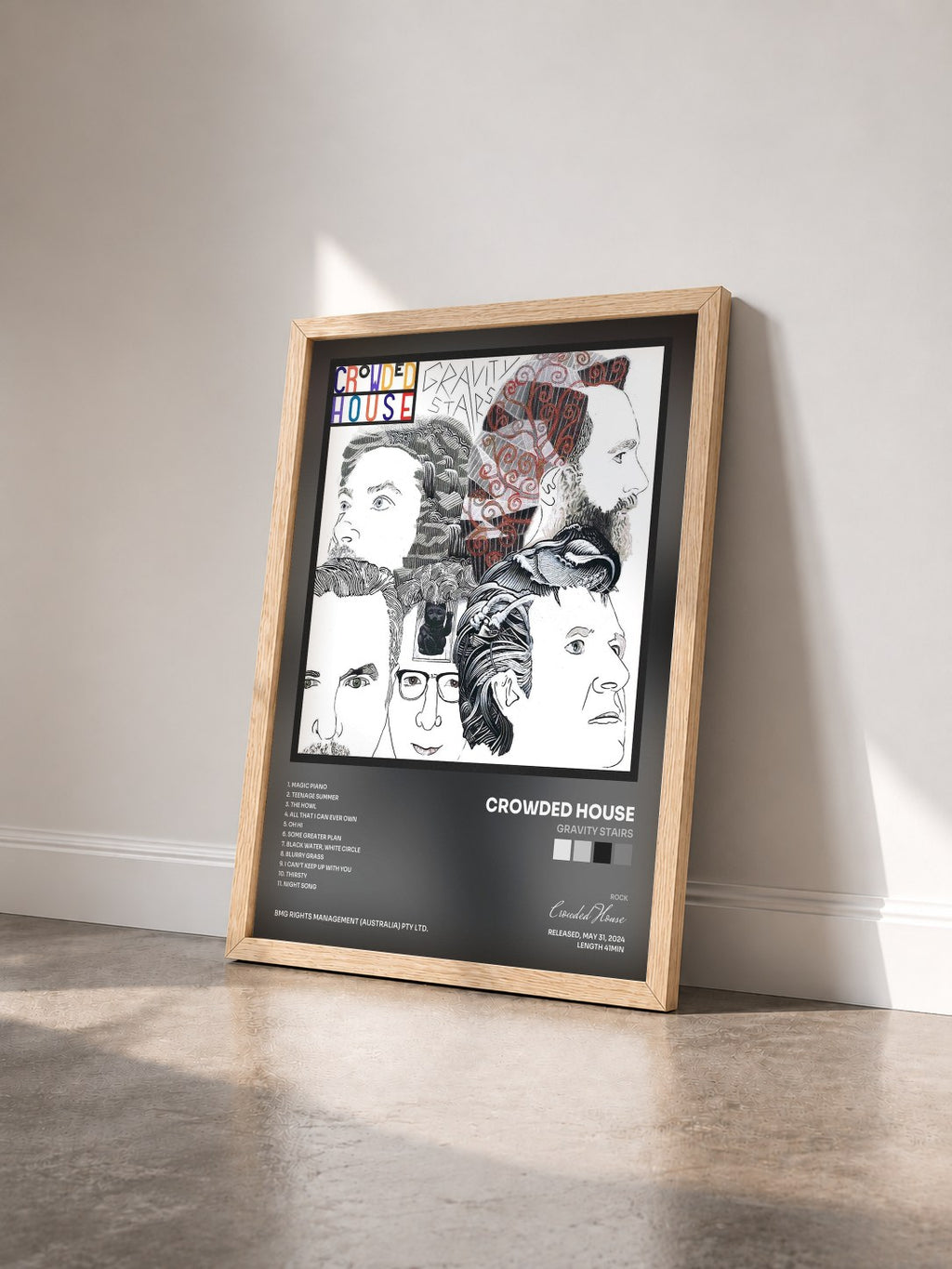 #bois Tableau de l'album Gravity Stairs de Crowded House vu de trois quarts, cadre en bois brut
