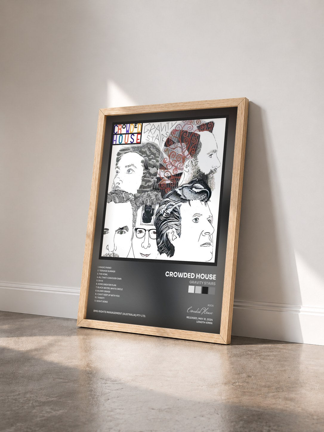 #bois Tableau de l'album Gravity Stairs de Crowded House vu de trois quarts, cadre en bois brut