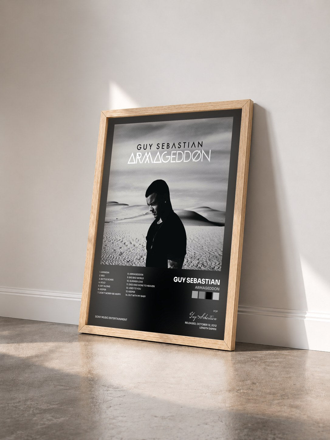 #bois Tableau de l'album Armageddon de Guy Sebastian vu de trois quarts, cadre en bois brut