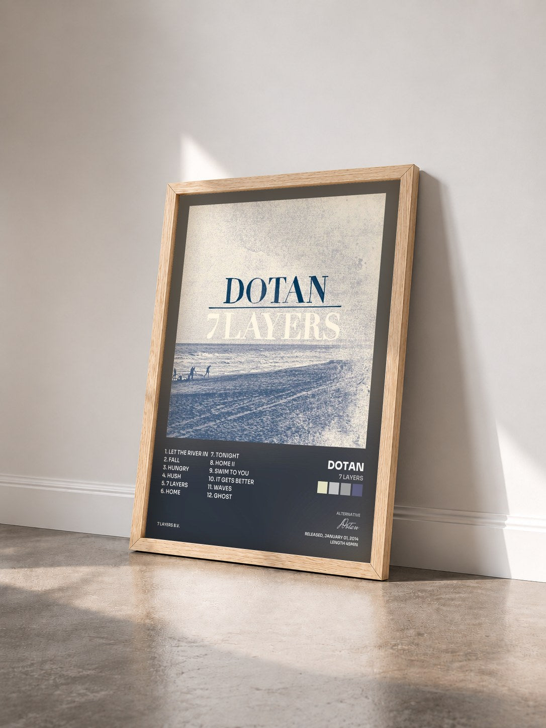 #bois Tableau de l'album 7 Layers de Dotan vu de trois quarts, cadre en bois brut
