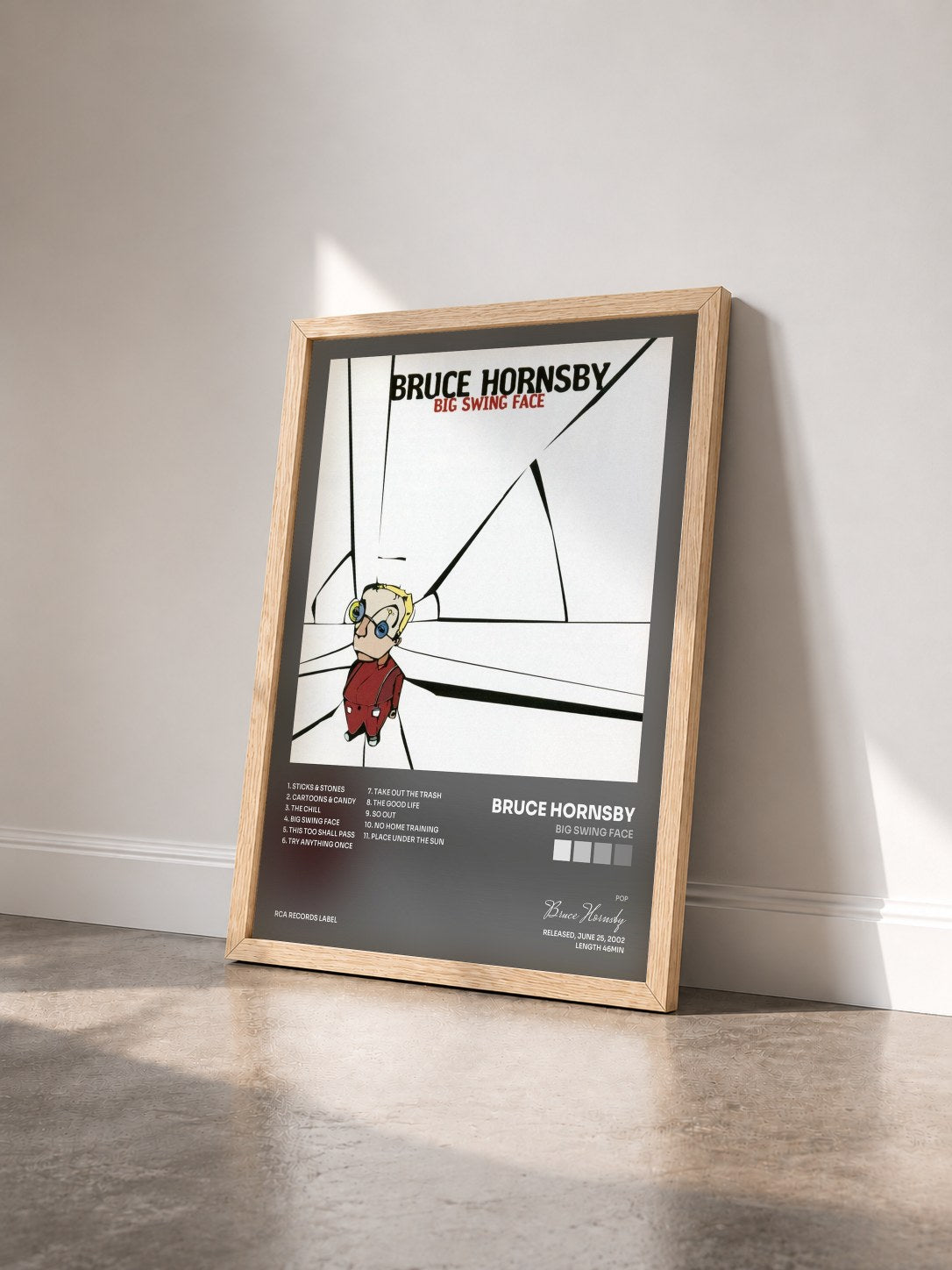 #bois Tableau de l'album Big Swing Face de Bruce Hornsby vu de trois quarts, cadre en bois brut