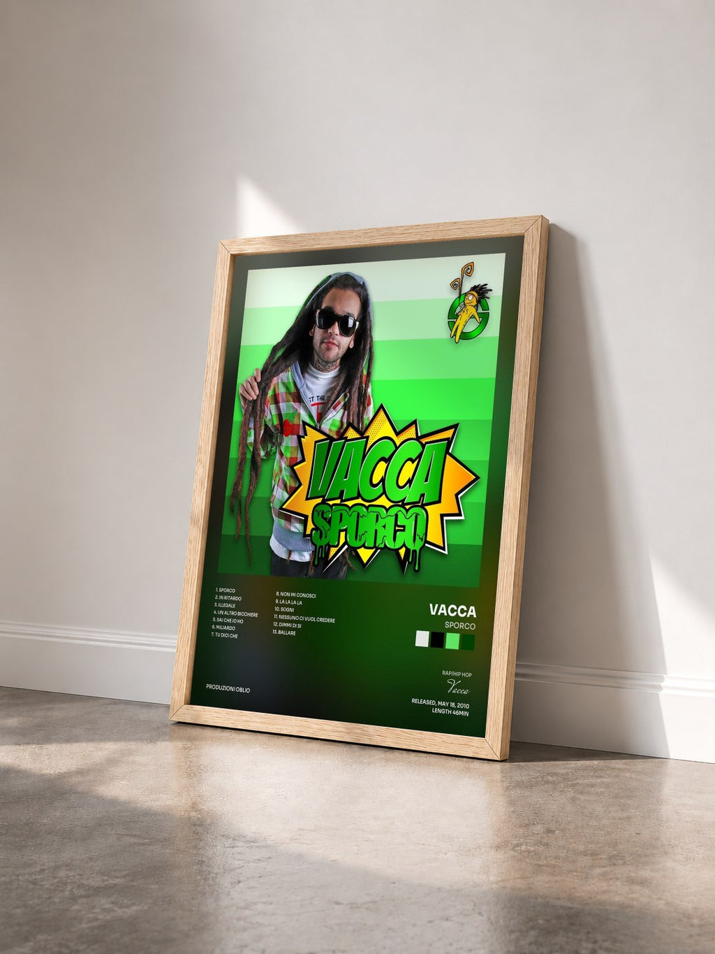 #bois Tableau de l'album Sporco de Vacca vu de trois quarts, cadre en bois brut