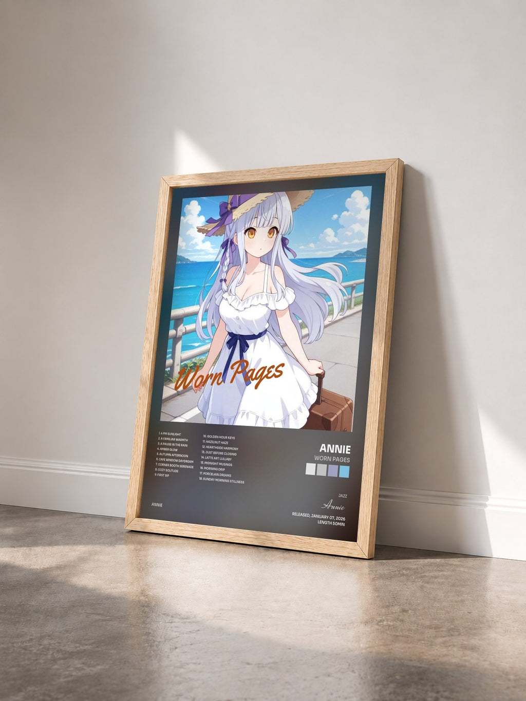 #bois Tableau de l'album Worn Pages de Annie vu de trois quarts, cadre en bois brut