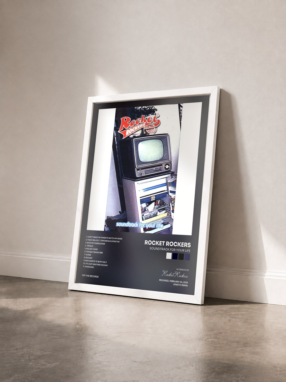#blanc Tableau de l'album Soundtrack For Your Life de Rocket Rockers vu de trois quarts, cadre blanc