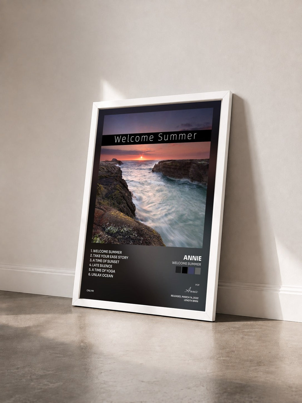 #blanc Tableau de l'album Welcome Summer de Annie vu de trois quarts, cadre blanc