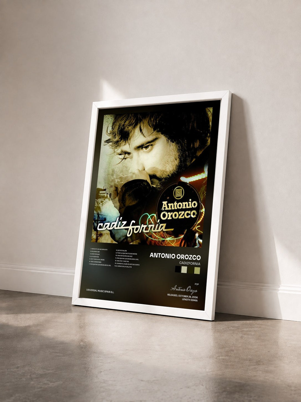 #blanc Tableau de l'album Cadizfornia de Antonio Orozco vu de trois quarts, cadre blanc