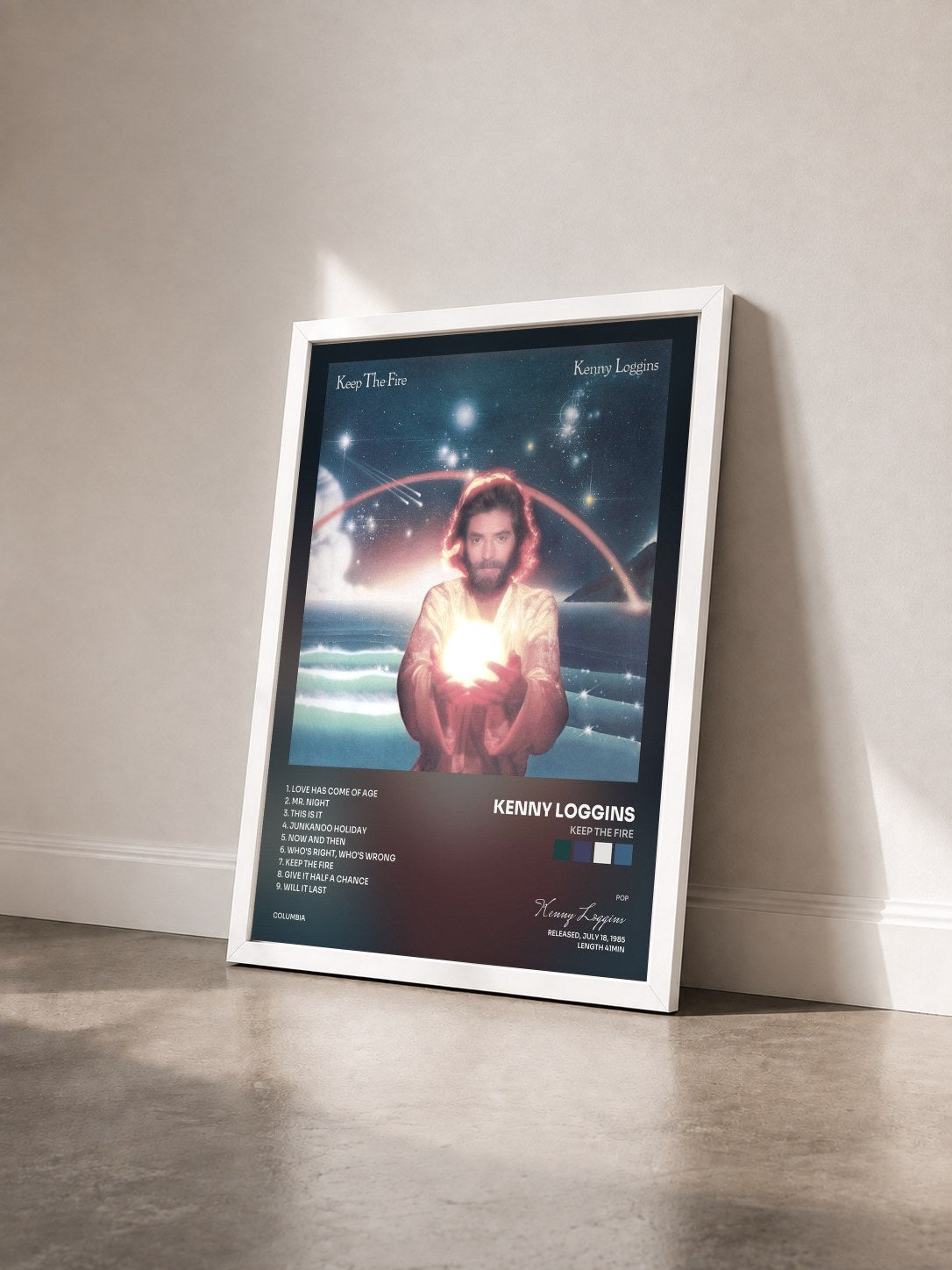 #blanc Tableau de l'album Keep The Fire de Kenny Loggins vu de trois quarts, cadre blanc