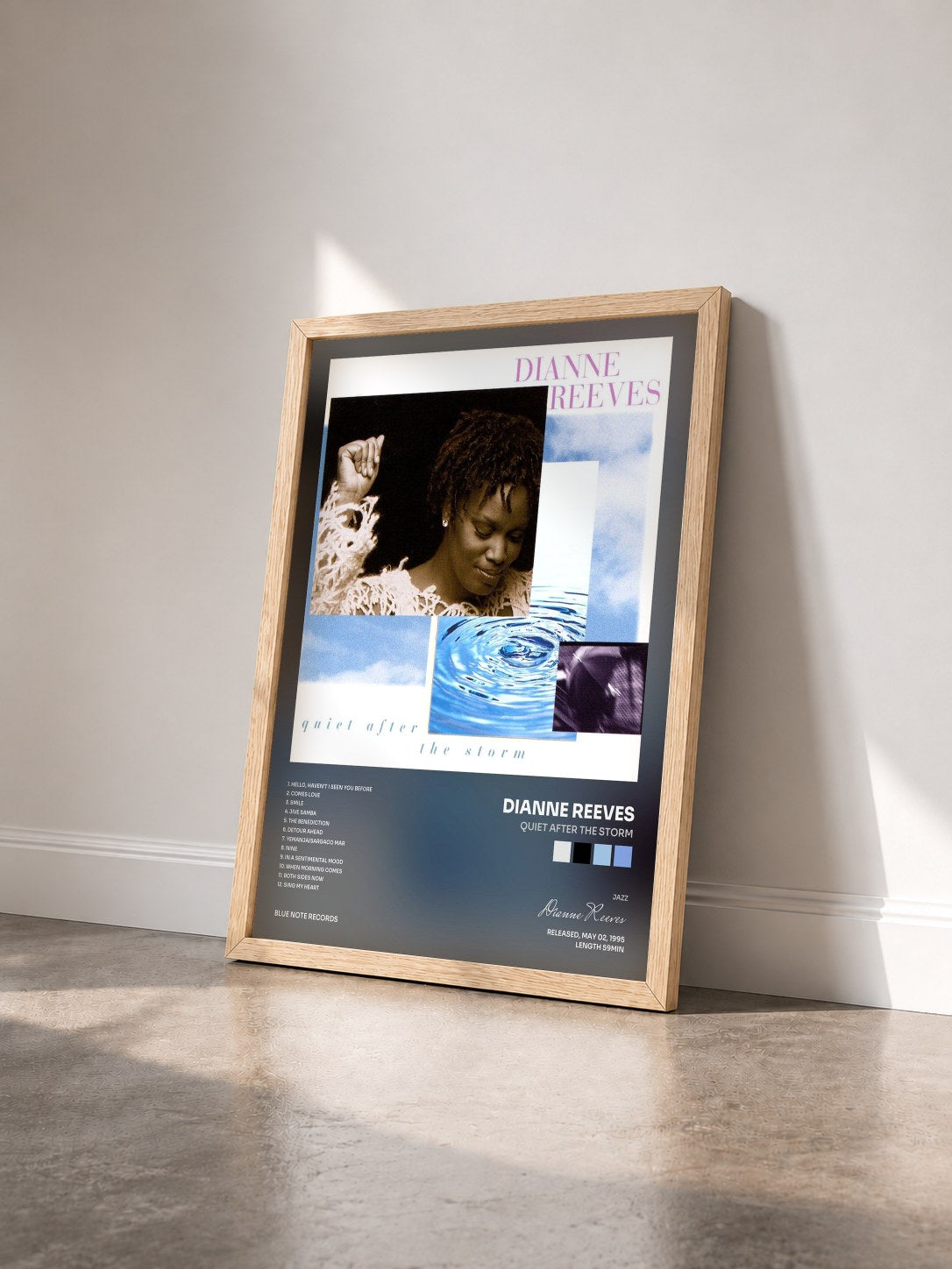 #bois Tableau de l'album Quiet After The Storm de Dianne Reeves vu de trois quarts, cadre en bois brut